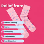 Pink compression socks with astrology pattern flatlay