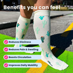 Knee-high compression socks with cactus design on a person's legs