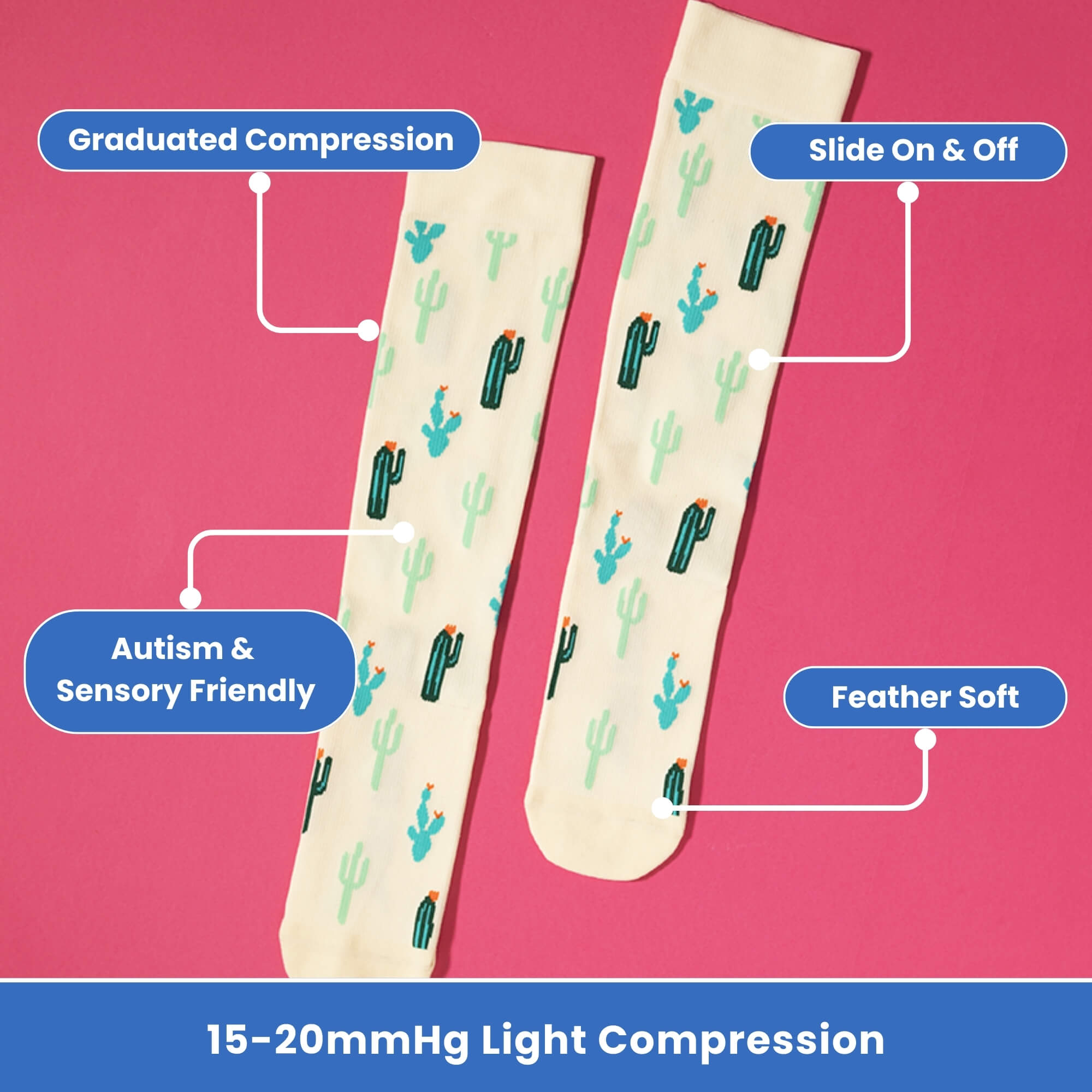 Knee-high compression socks with cactus design flatlay photo