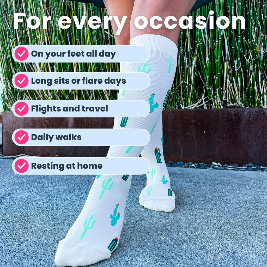 Knee-high compression socks with cactus design on models legs