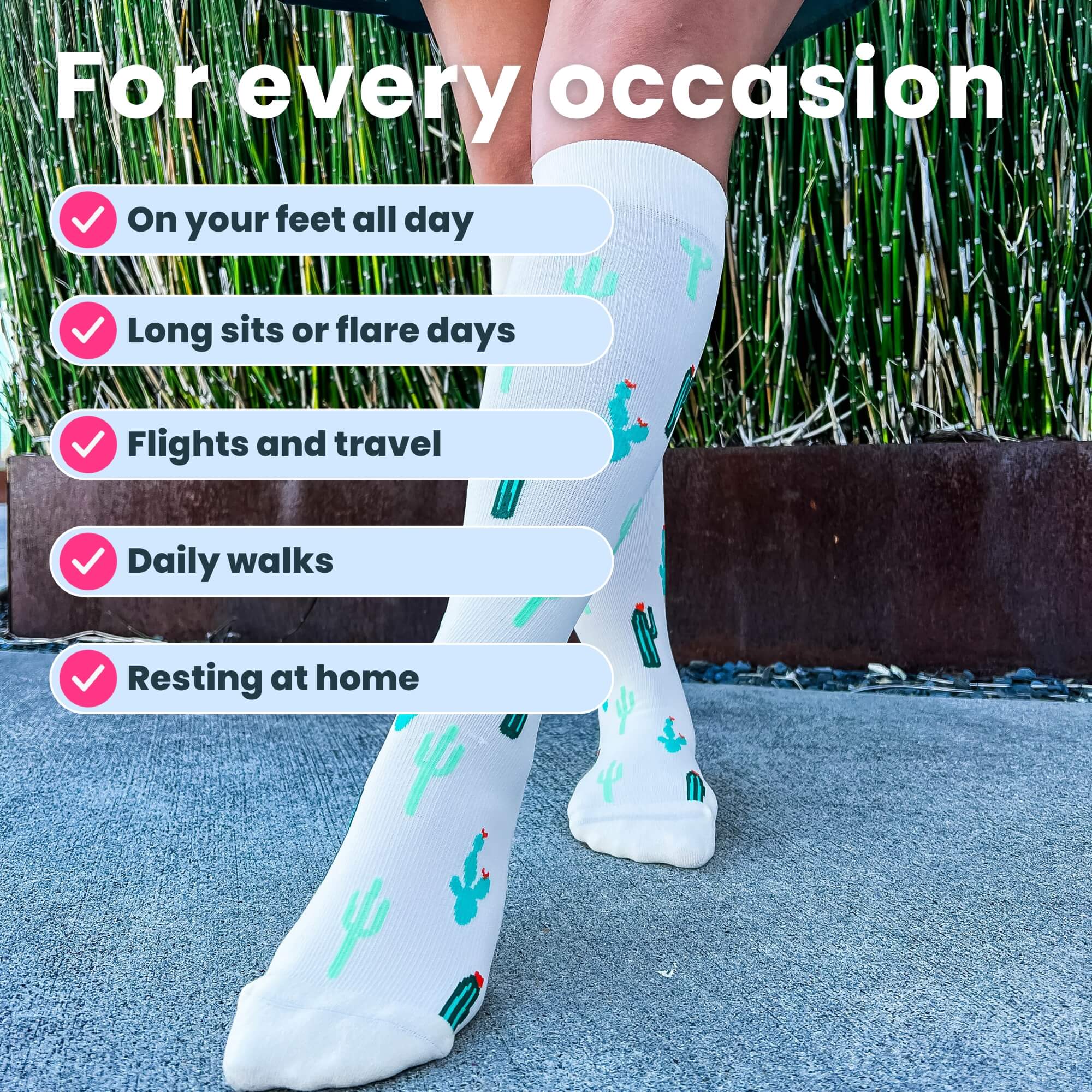 Knee-high compression socks with cactus design on models legs
