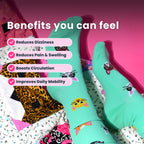 Legs wearing light green knee high compression socks with cat design