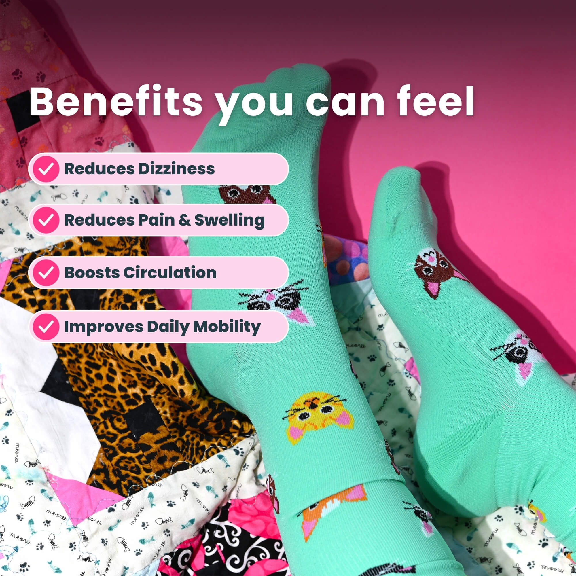 Legs wearing light green knee high compression socks with cat design
