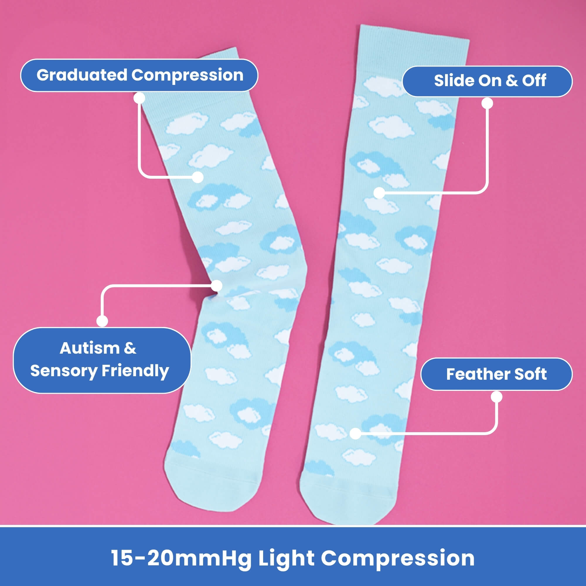 Light blue compression socks with cloud pattern features flatlay