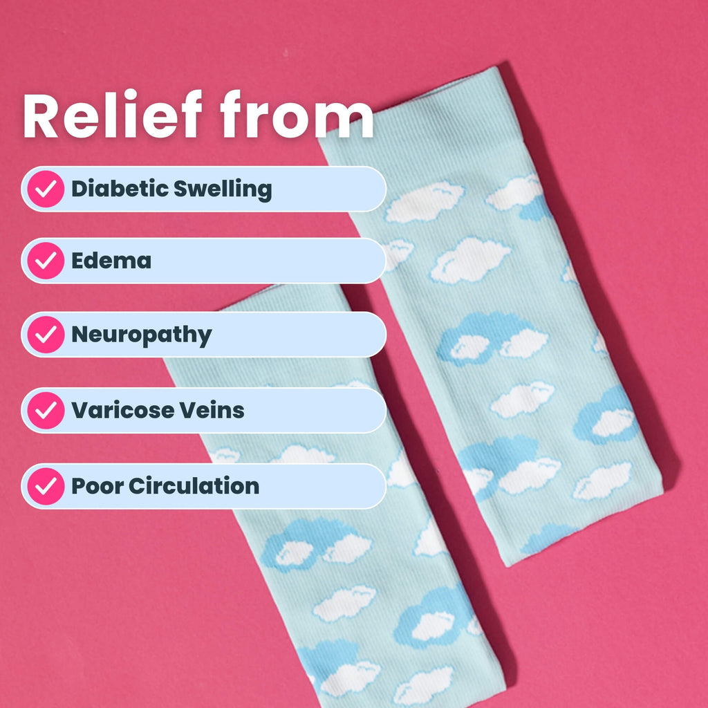 Light blue compression socks with cloud pattern folded
