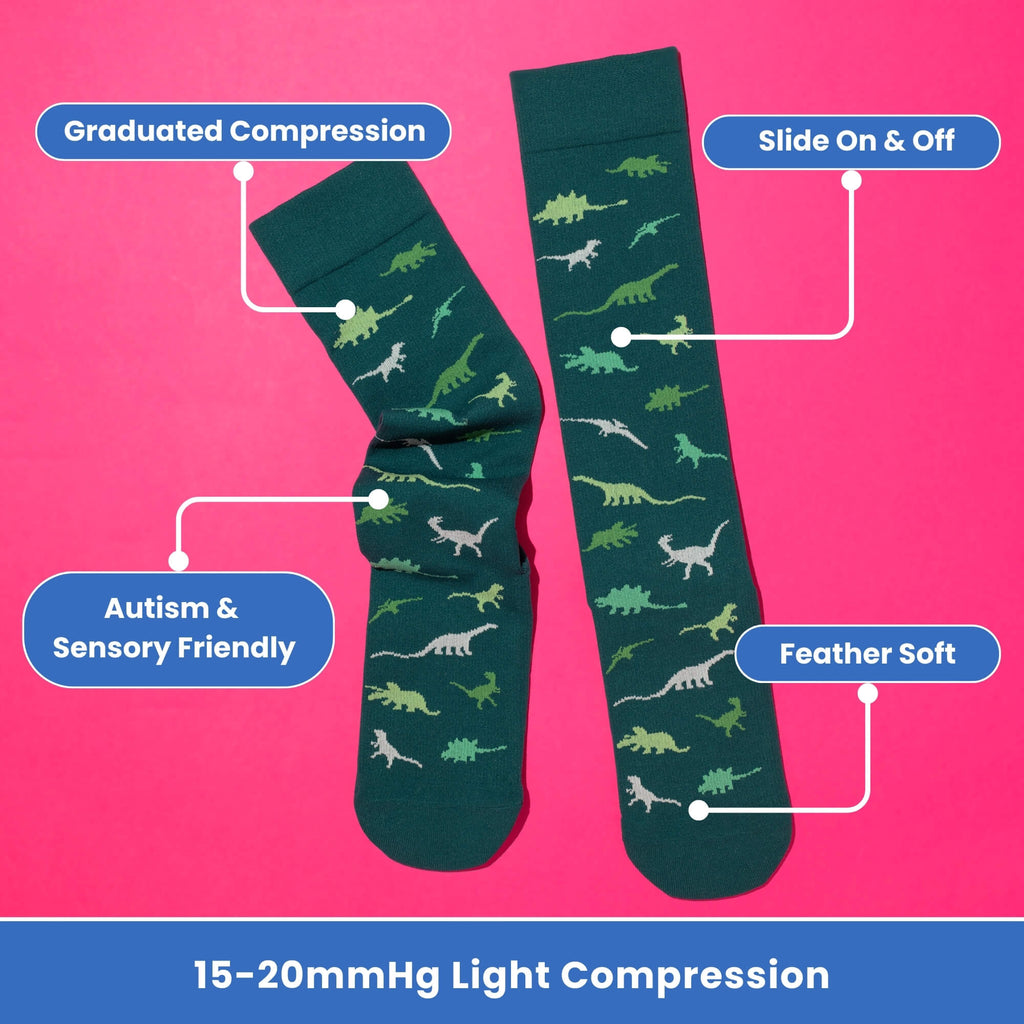 Green compression socks with a dinosaur pattern flatlay with features text