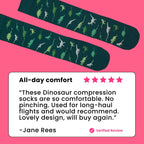 Green compression socks with a dinosaur pattern review text