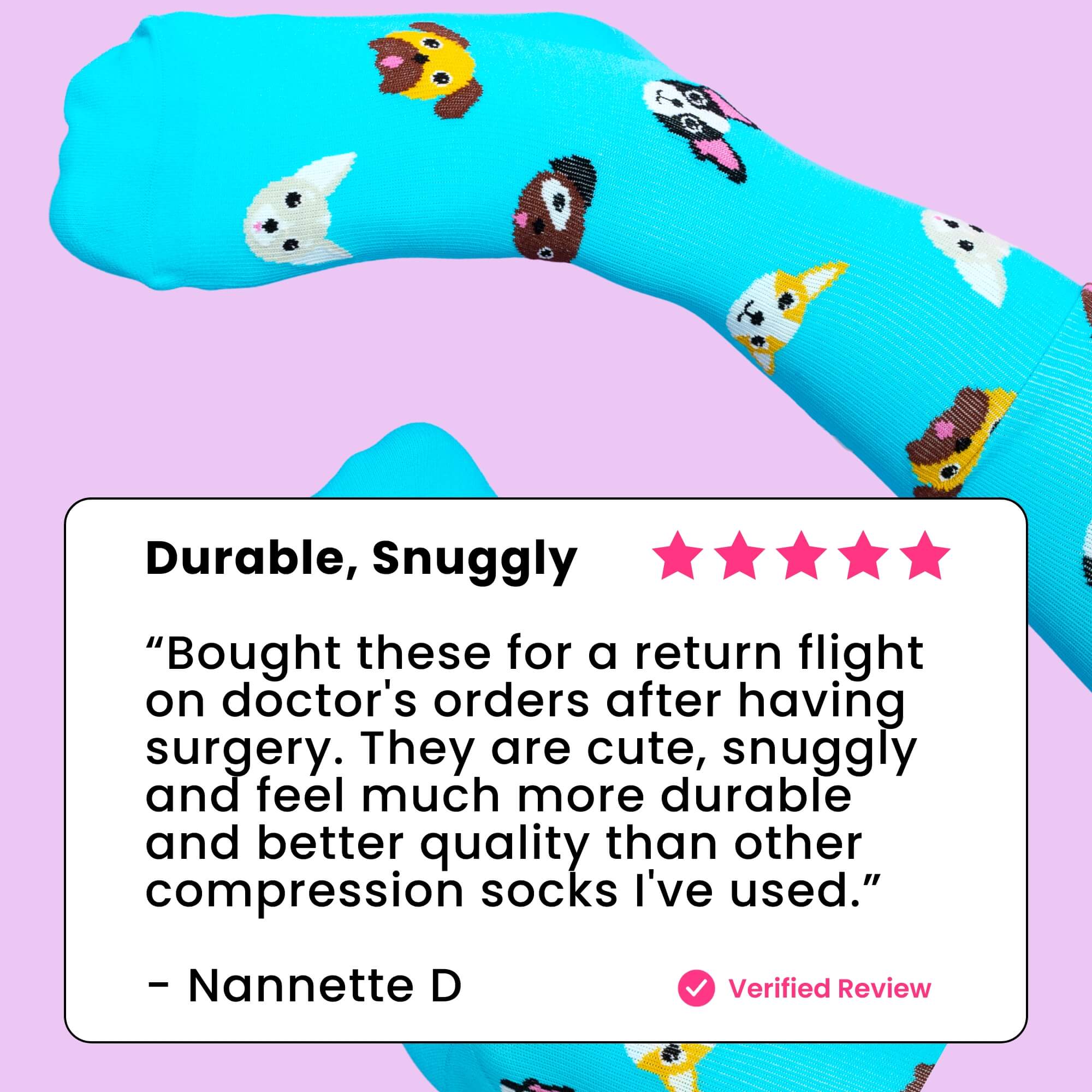 Teal knee-high compression socks with dog patterns review