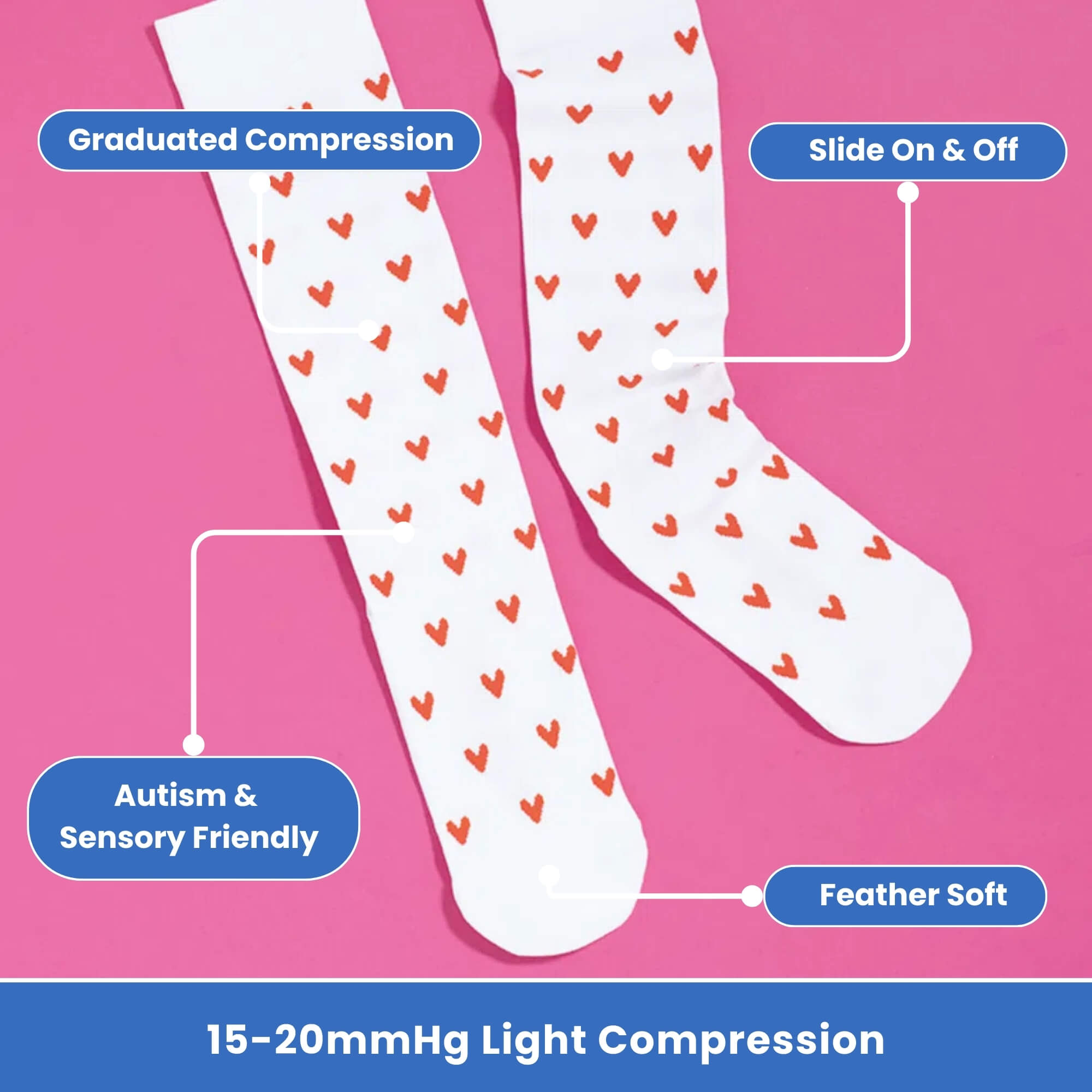 White compression socks with red heart patterns flatlay photo
