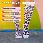 Woman wearing leopard print compression socks close up of legs on tip toe