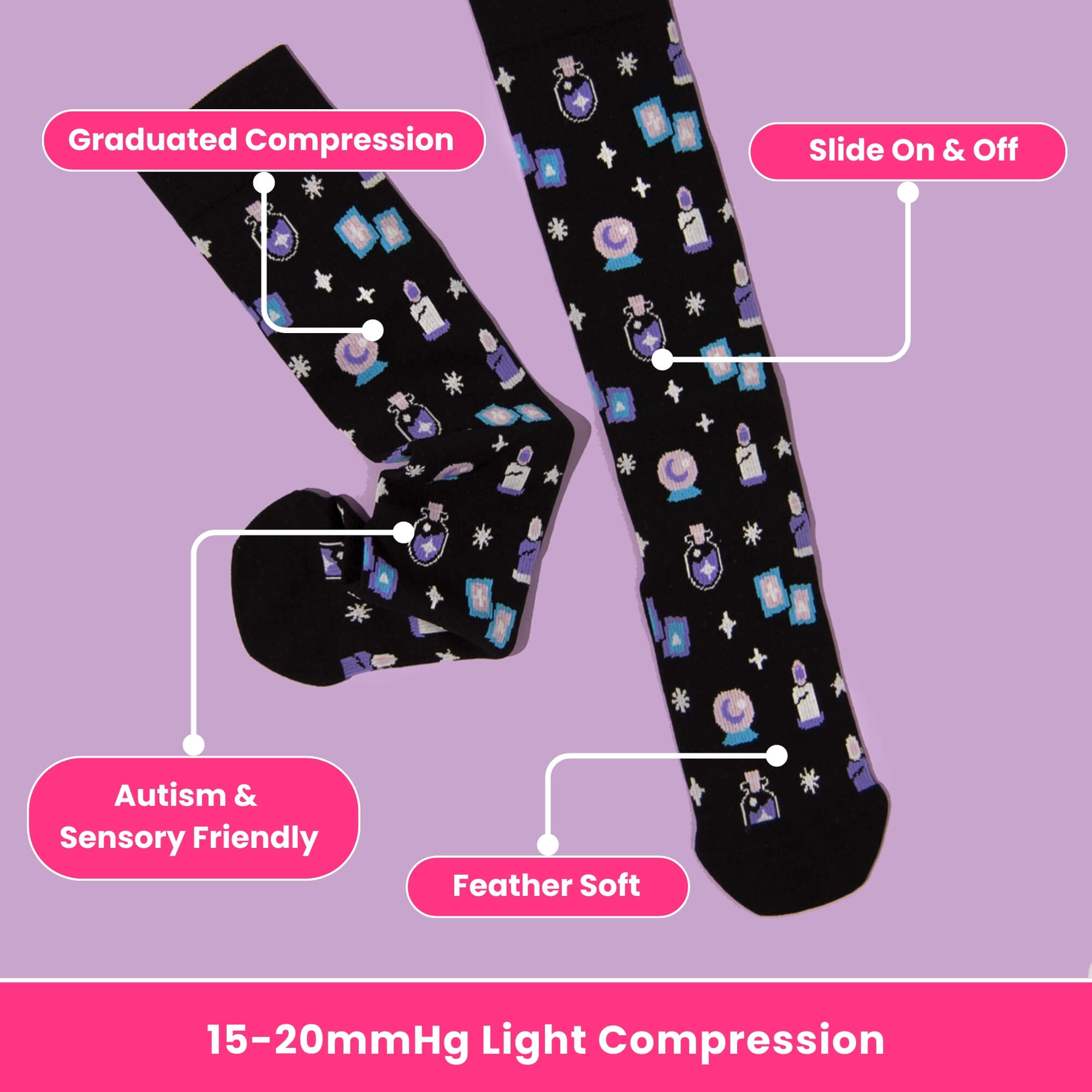 Black compression socks with magic pattern flatlay