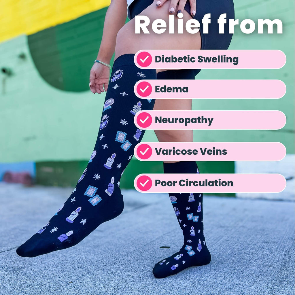 Model wearing black compression socks with magic pattern