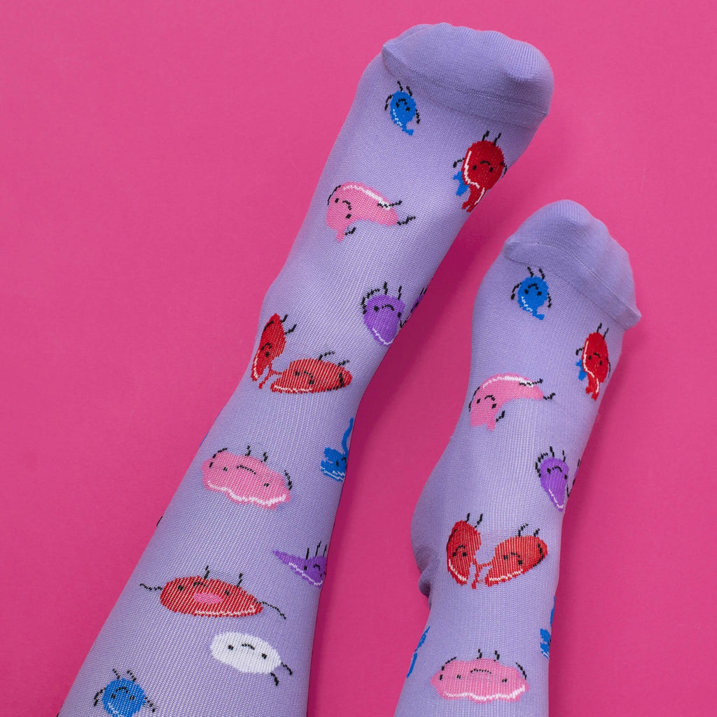 Purple compresion socks with organ pattern