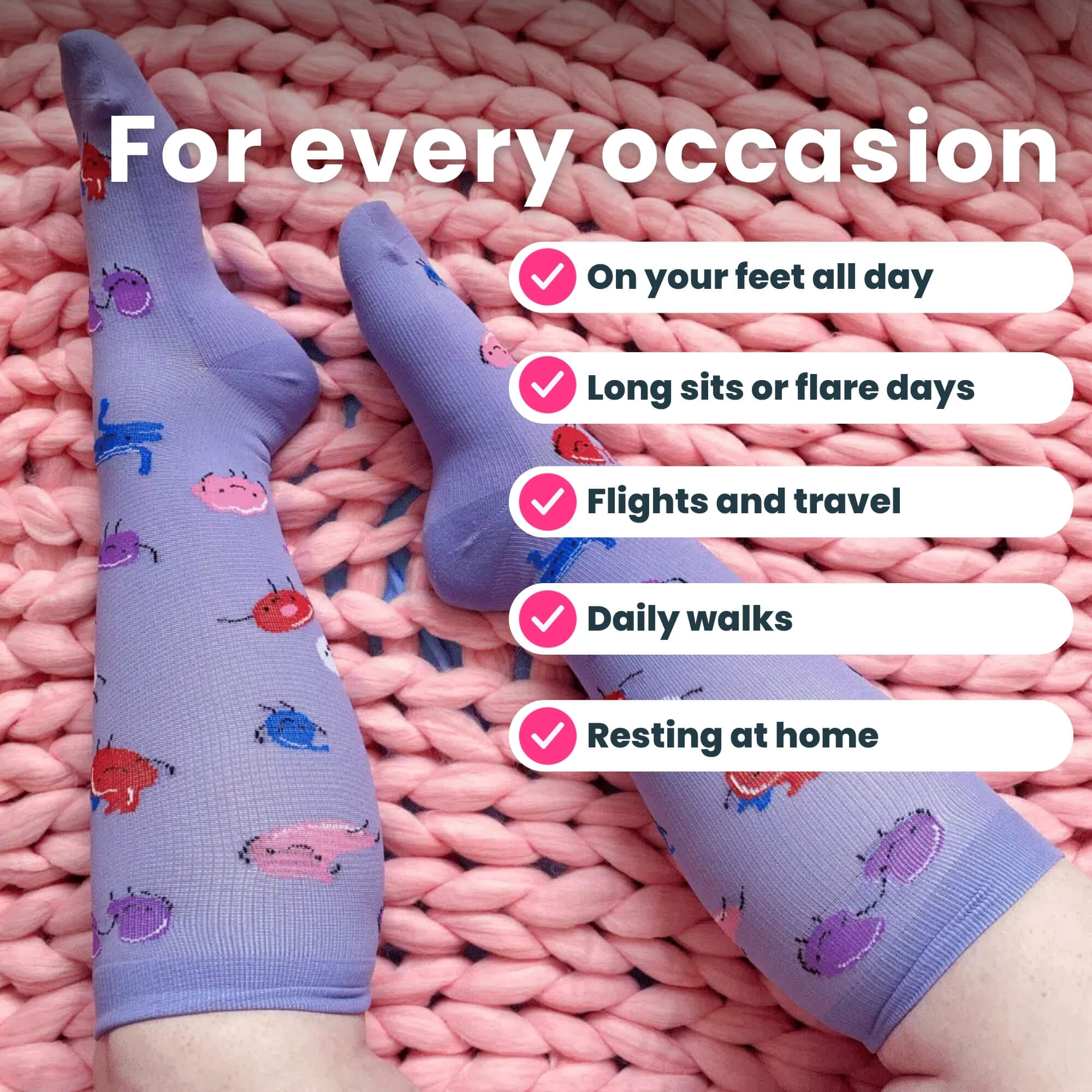 legs wearing purple compresion socks with organ pattern