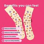 Beige compression socks with pumpkin spice pattern flatlay