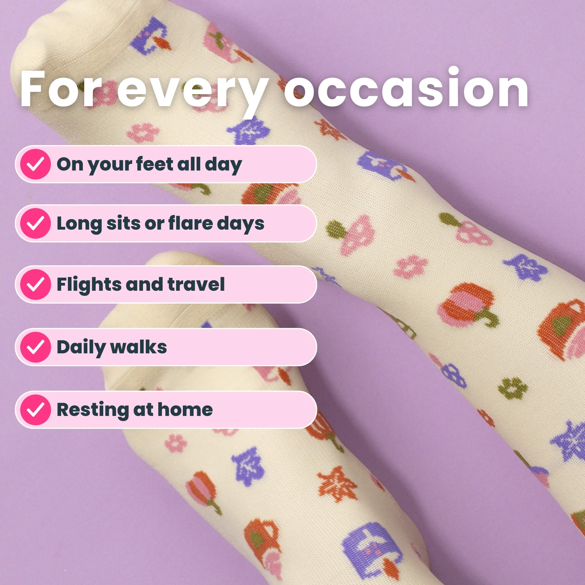 Beige compression socks with pumpkin spice pattern close up feet