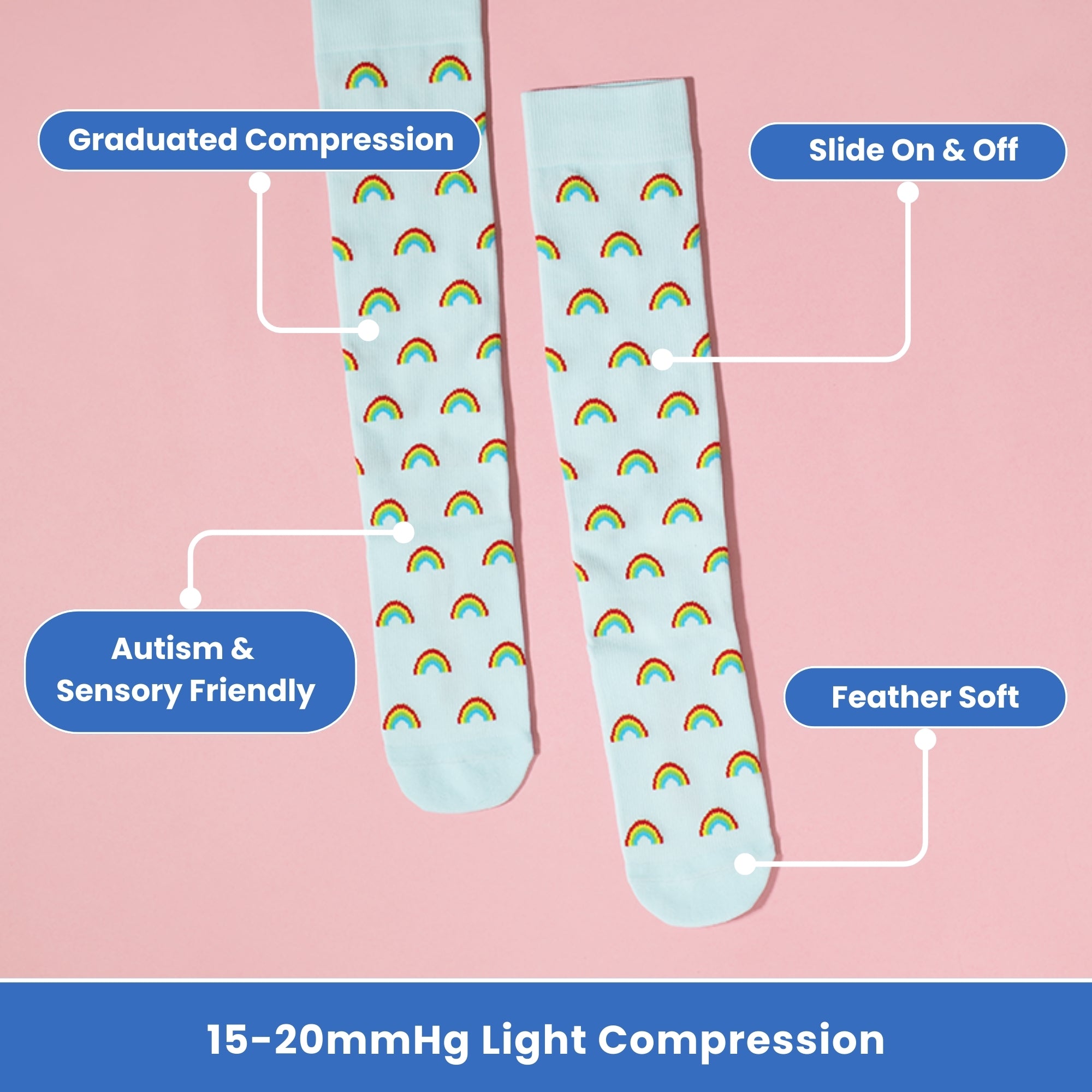 Legs wearing light blue compression socks with rainbow patterns features flatlay