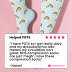 Legs wearing light blue compression socks with rainbow patterns review