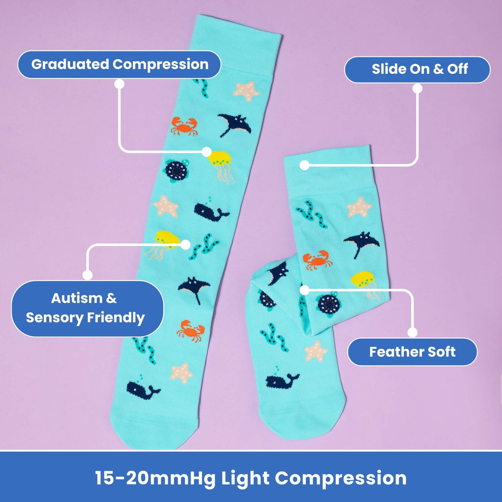 Teal compression socks with sea themed patterns features flaylay