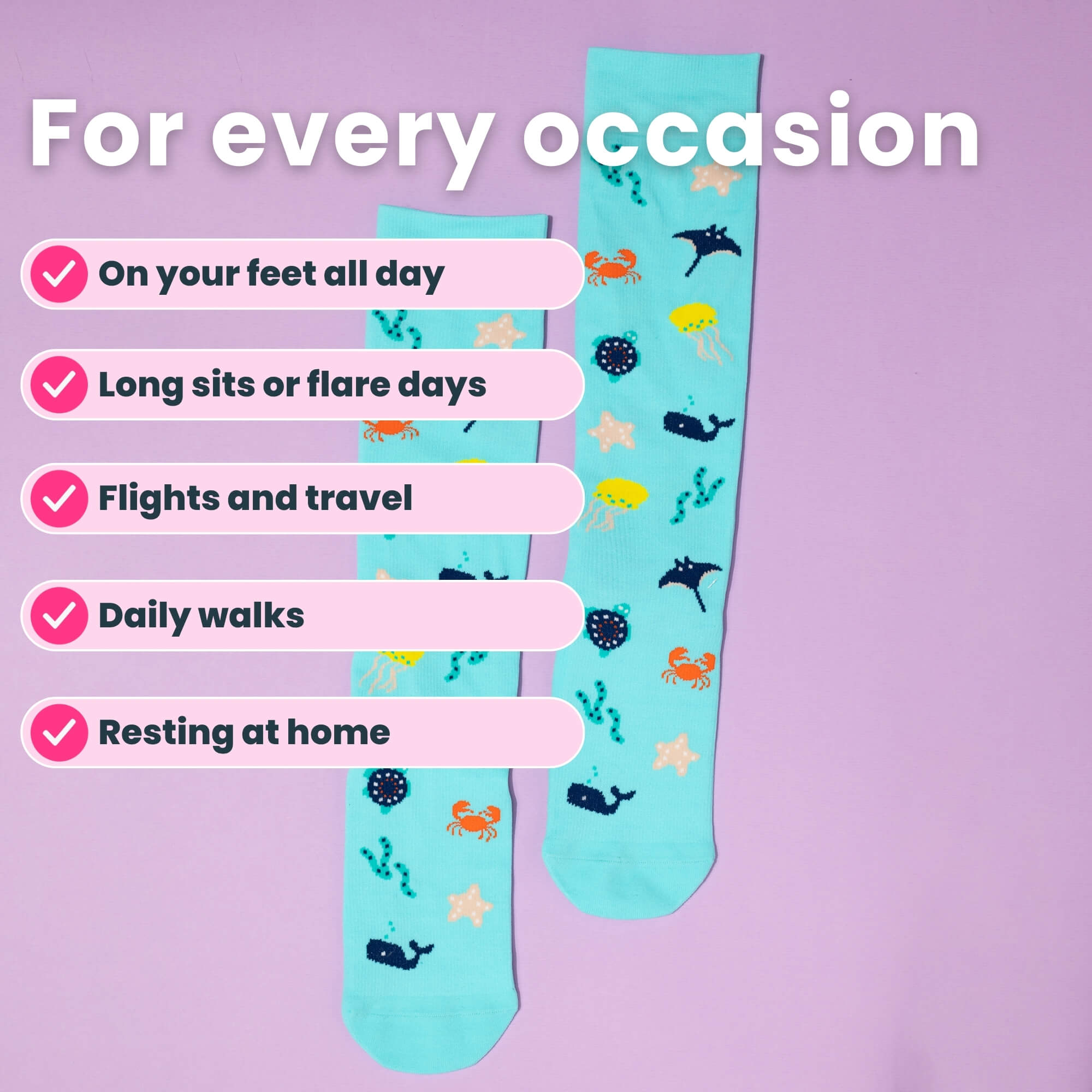 Teal compression socks with sea themed patterns flaylay