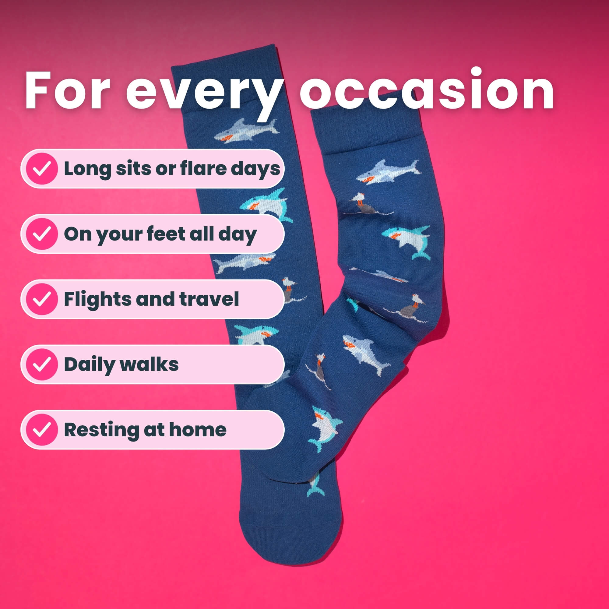 Navy blue compression socks with shark pattern flaylay