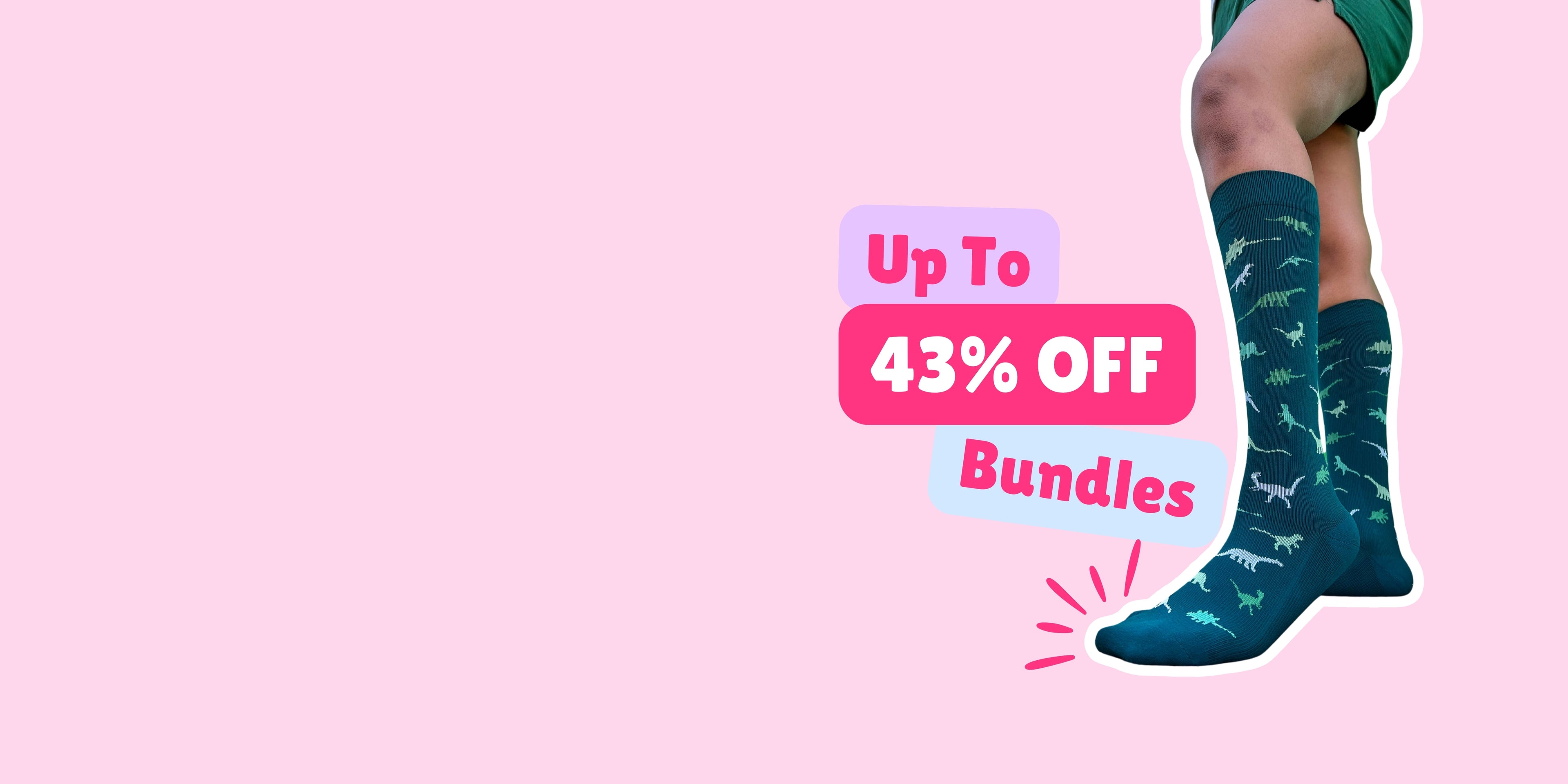 Promotional banner with blue socks on a pink background and discount text.