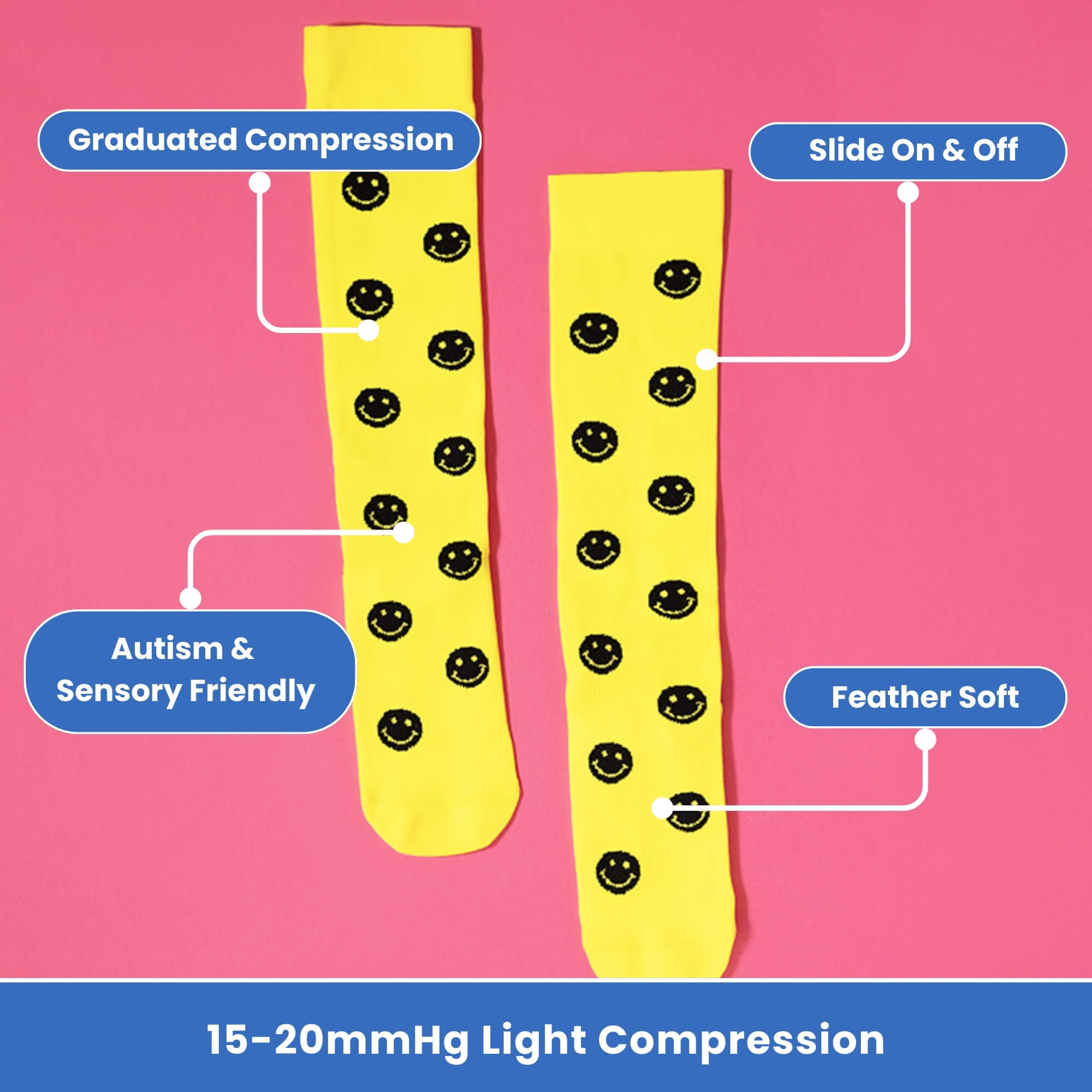 Yellow compression socks with black smiley faces flatlay