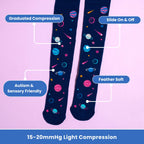 Navy blue knee high compression socks with space design flatlay