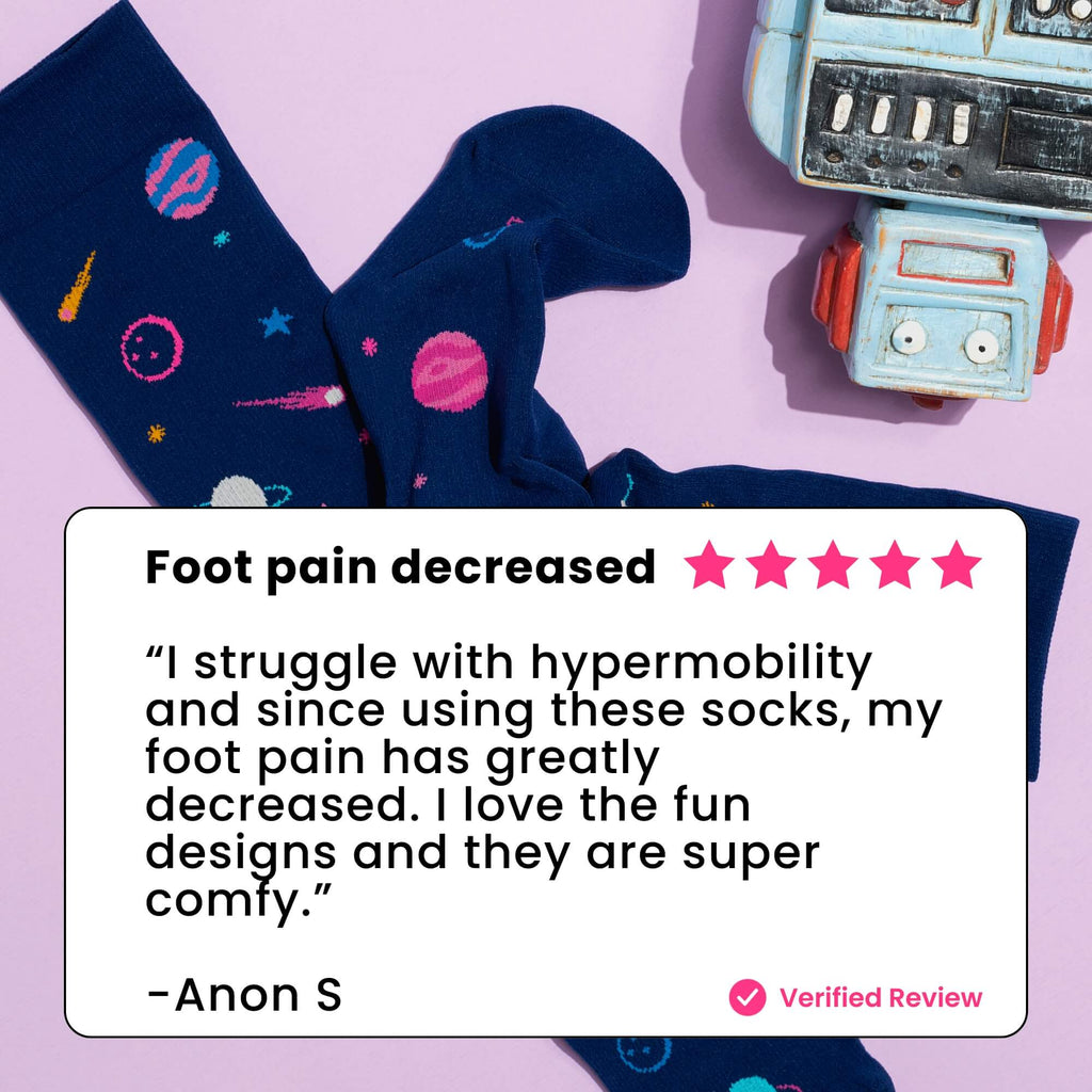 Navy blue knee high compression socks with space design review