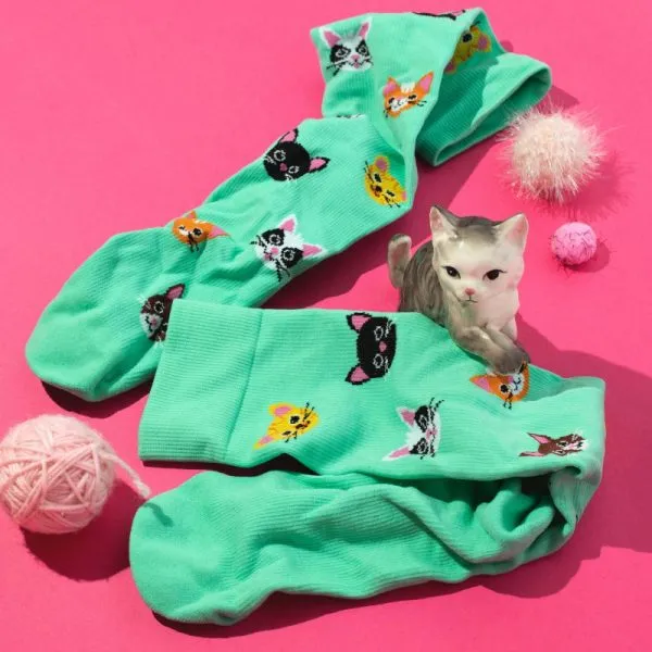 Green cat compression socks on pink background surrounded by a porcelain cat and yarn